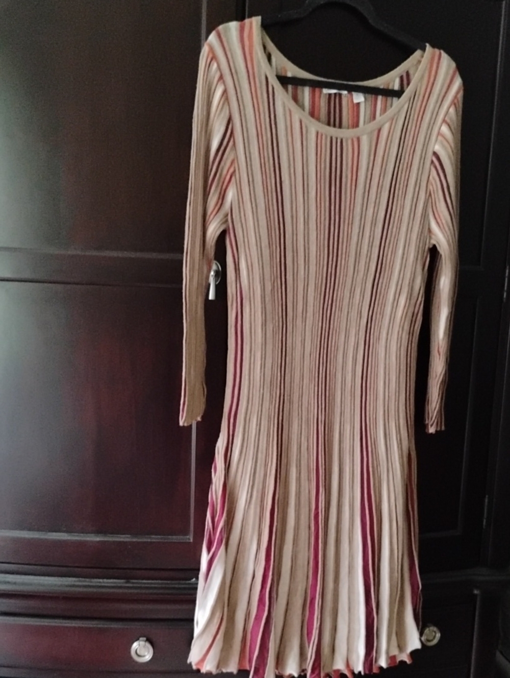 Cato Long Sleeve Ribbed Stripe Knit Dress in Beige and Brick Color